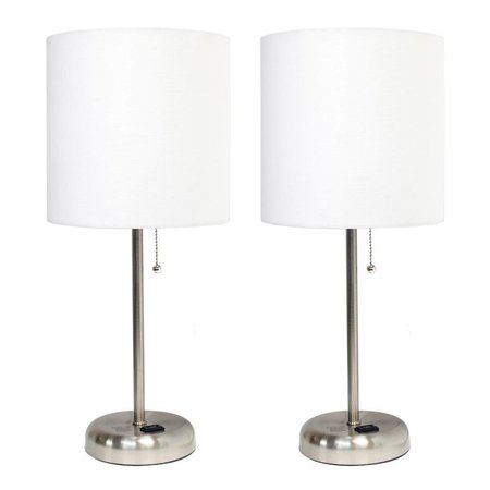 DIAMOND SPARKLE Brushed Steel Stick Table Lamp with Charging Outlet & Fabric Shade, White - Set of 2 DI2519790